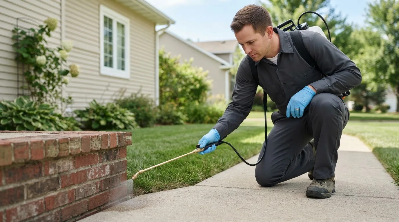 Pest control technician treating a home near Quinn, SD